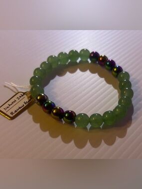 Natural Green Jade and Rainbow Hematite Beaded Stretch Bracelet